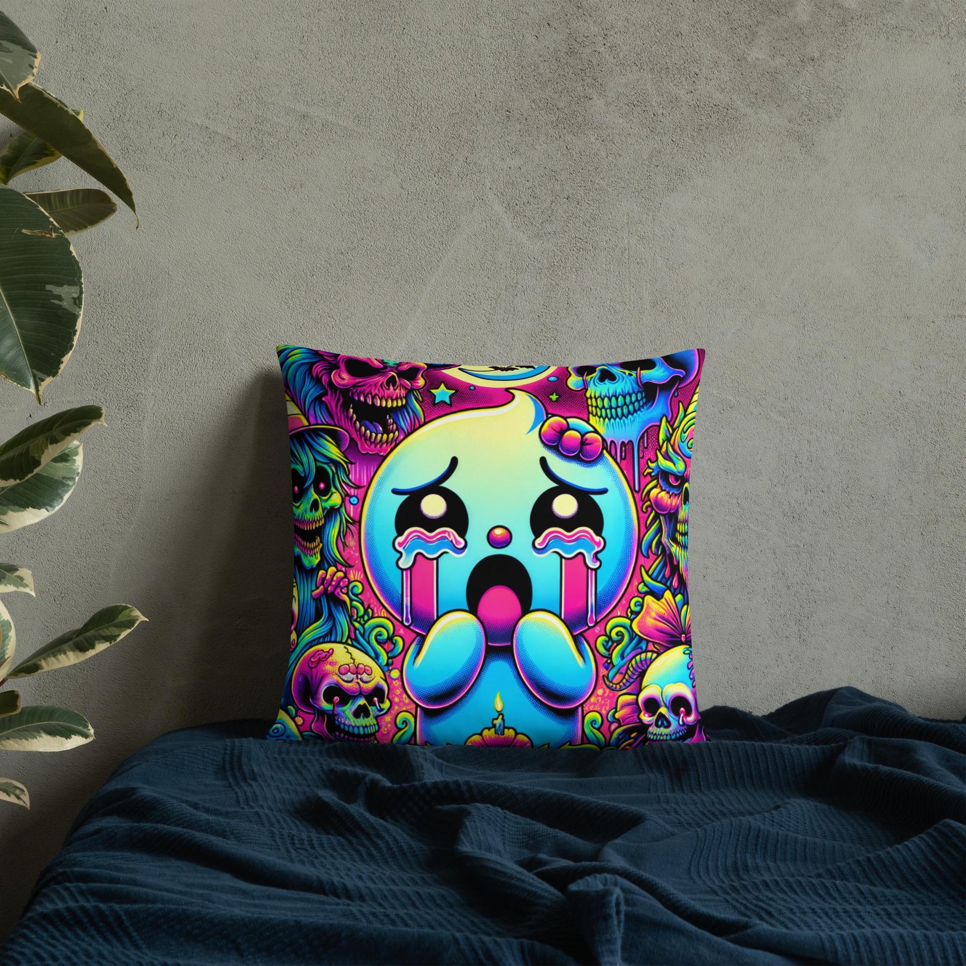 Creepy Cute Frightened Ghoul Decorative Pillow Neon Goth Grunge Weirdcore Halloween Throw Pillow