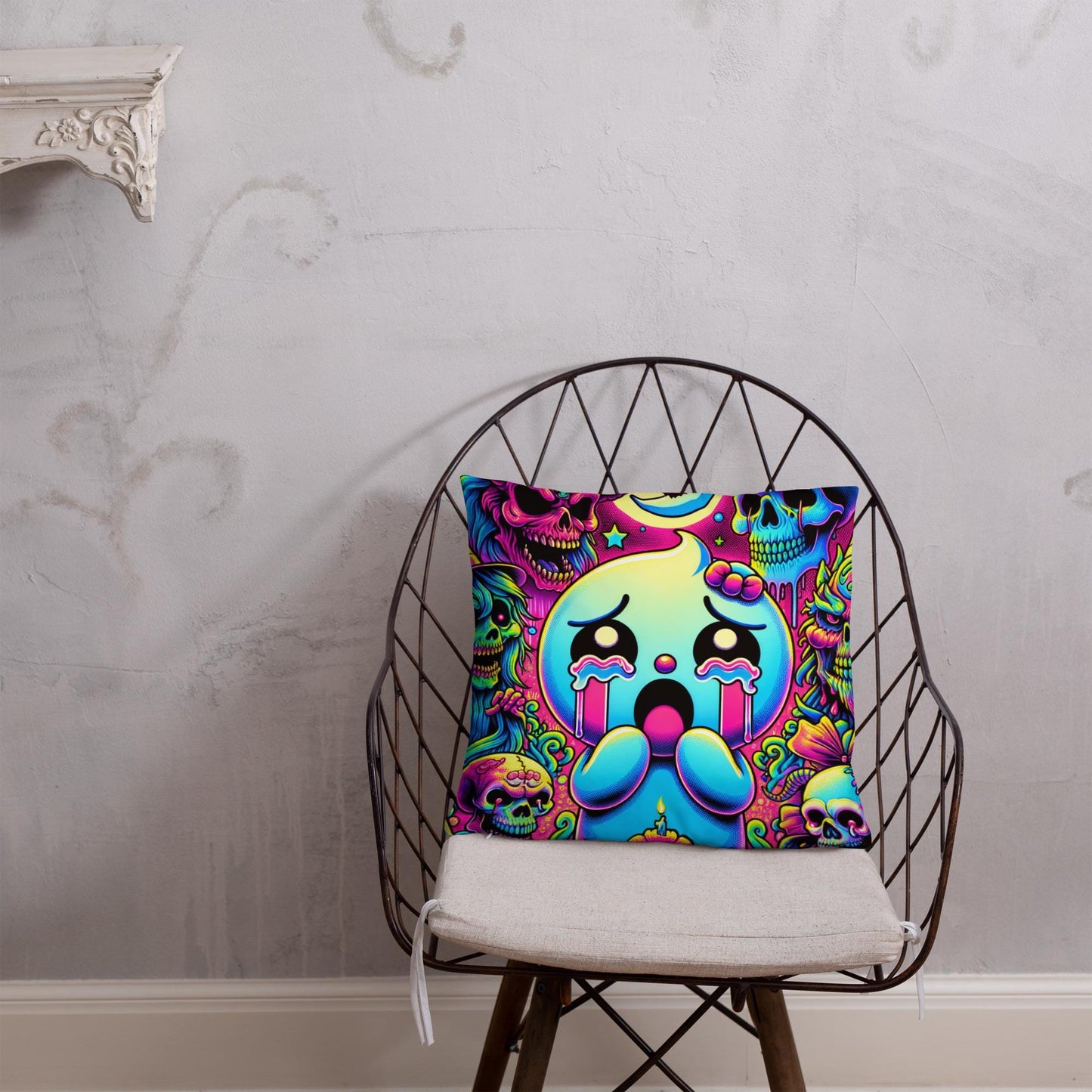 Creepy Cute Frightened Ghoul Decorative Pillow Neon Goth Grunge Weirdcore Halloween Throw Pillow
