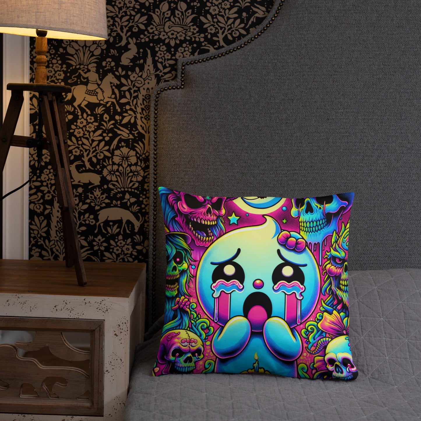 Creepy Cute Frightened Ghoul Decorative Pillow Neon Goth Grunge Weirdcore Halloween Throw Pillow
