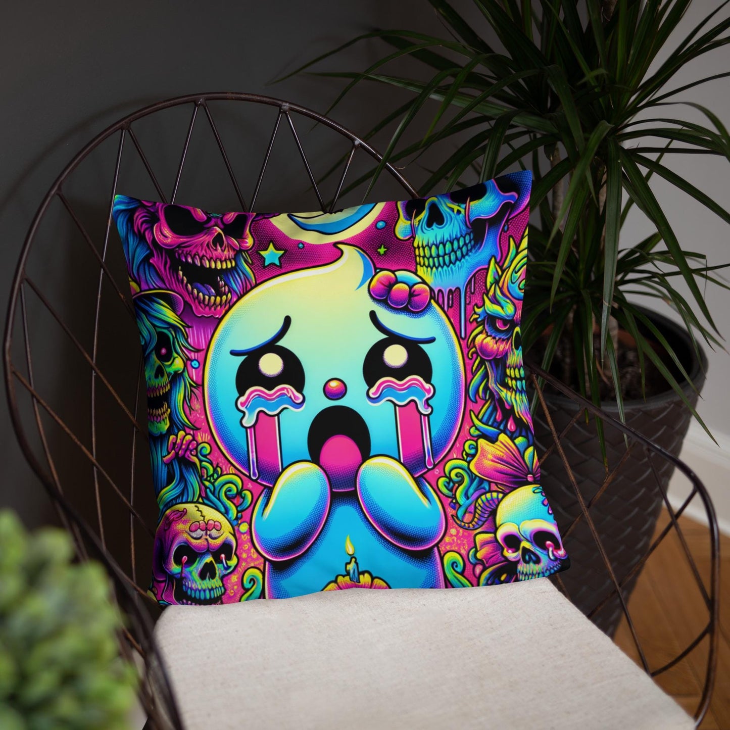 Creepy Cute Frightened Ghoul Decorative Pillow Neon Goth Grunge Weirdcore Halloween Throw Pillow