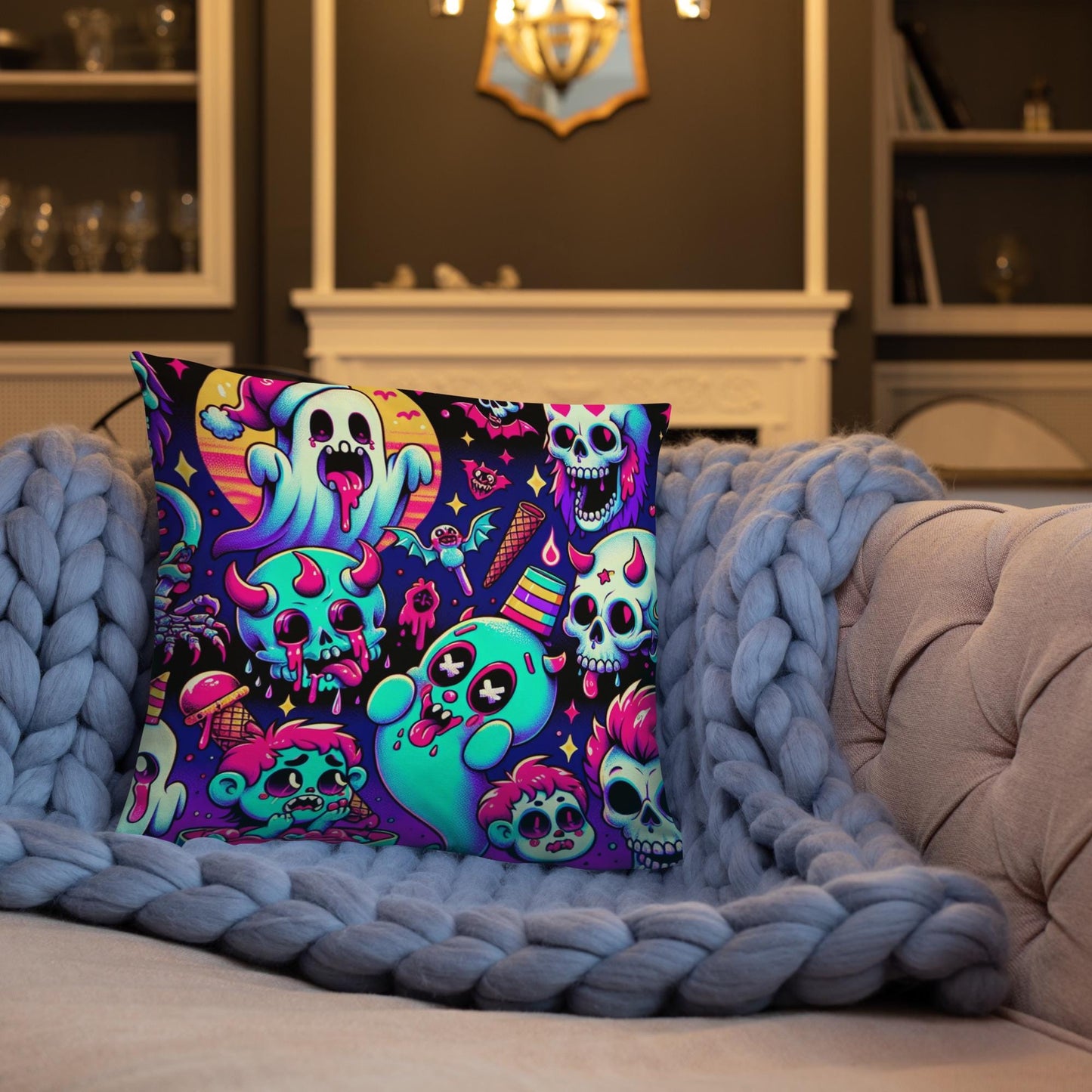 Halloween Christmas Creepy Ghosts Throw Pillow Neon Bubble Candy Goth Throw Pillow