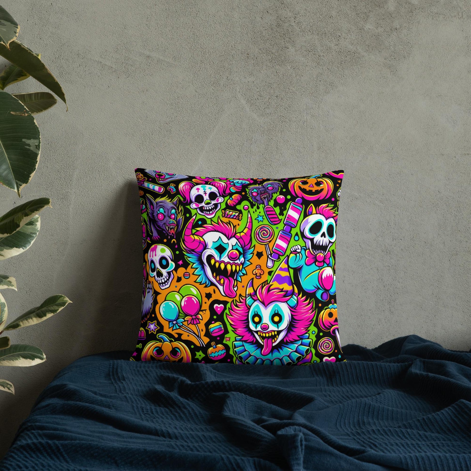 Creepy Candy Goth Clowns Horror Throw Pillow Bubble Gore Neon Goth Weirdcore Decorative Pillow
