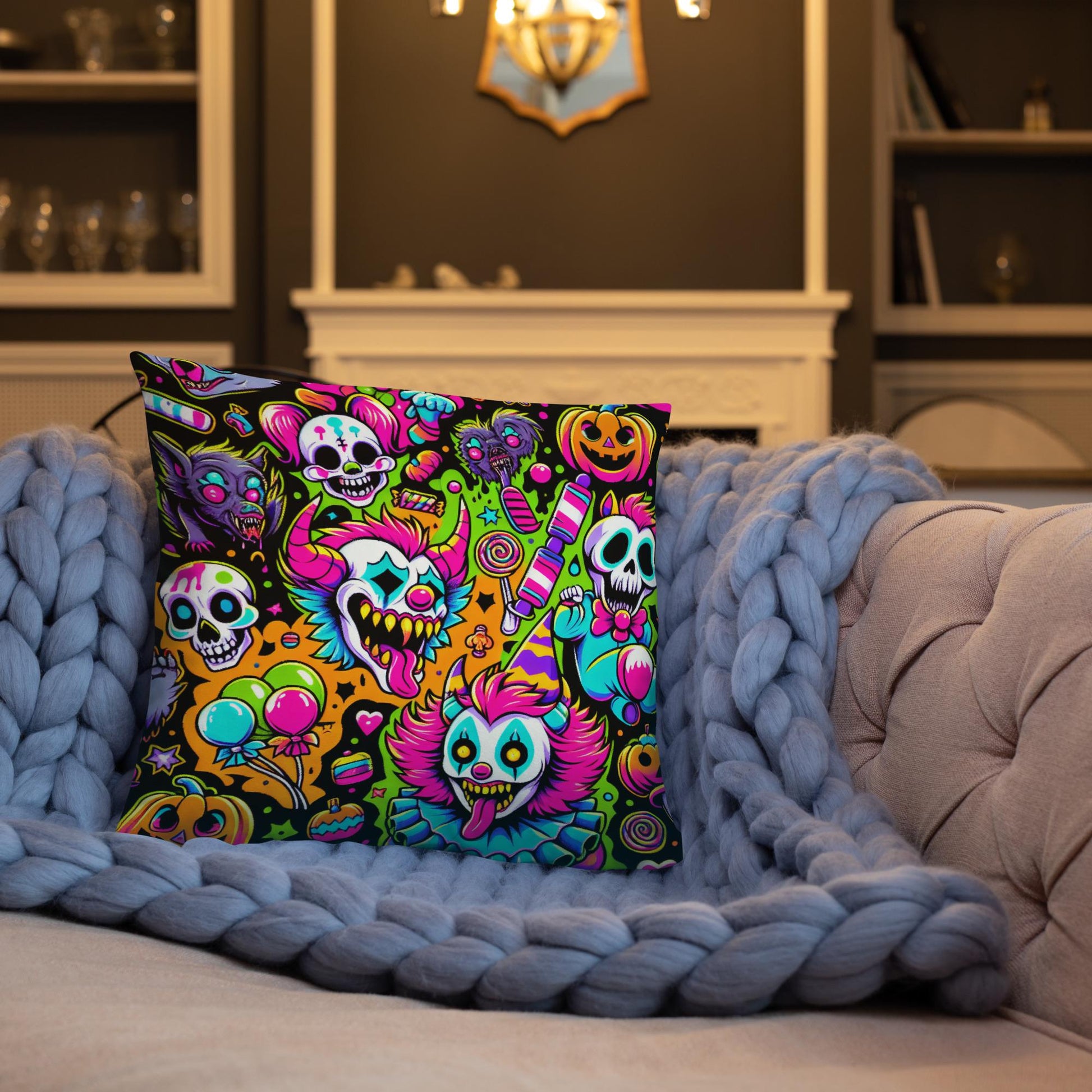 Creepy Candy Goth Clowns Horror Throw Pillow Bubble Gore Neon Goth Weirdcore Decorative Pillow