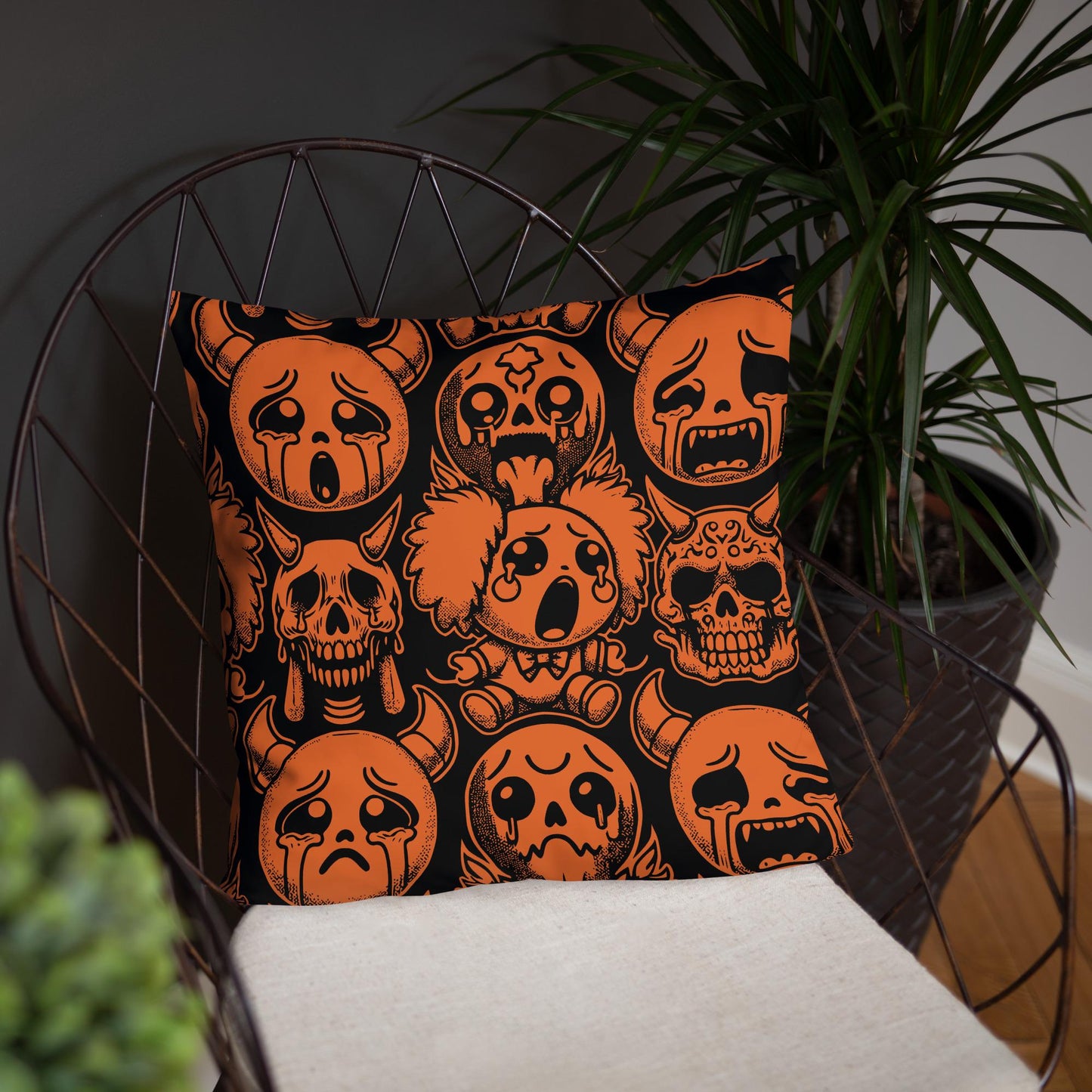 Creepy Cute Orange and Black Clown Ghosts Throw Pillow Grunge Goth Halloween Room Decor Decorative Pillow