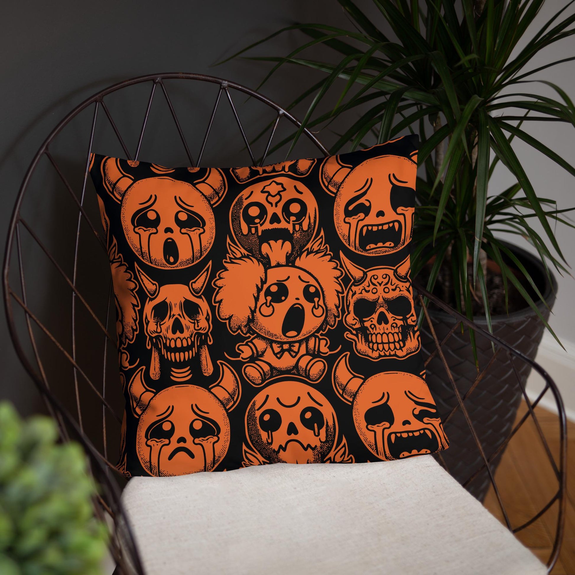 Creepy Cute Orange and Black Clown Ghosts Throw Pillow Grunge Goth Halloween Room Decor Decorative Pillow
