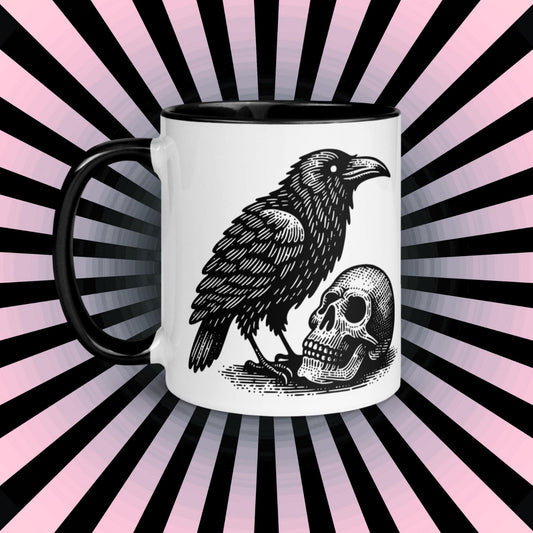 Colorful Mug Gothic Etching Grunge Y2K Goth Raven Crow and Skull Darkcore Microwave and Dishwasher Safe Coffee Tea Mug