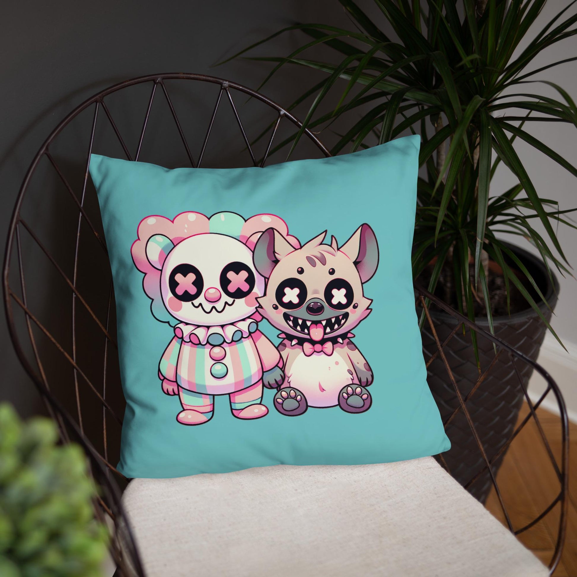 Weirdcore Clown and Hyena Throw Pillow Creepy Cute Buddies Grunge Decor Pastel Decorative Pillow