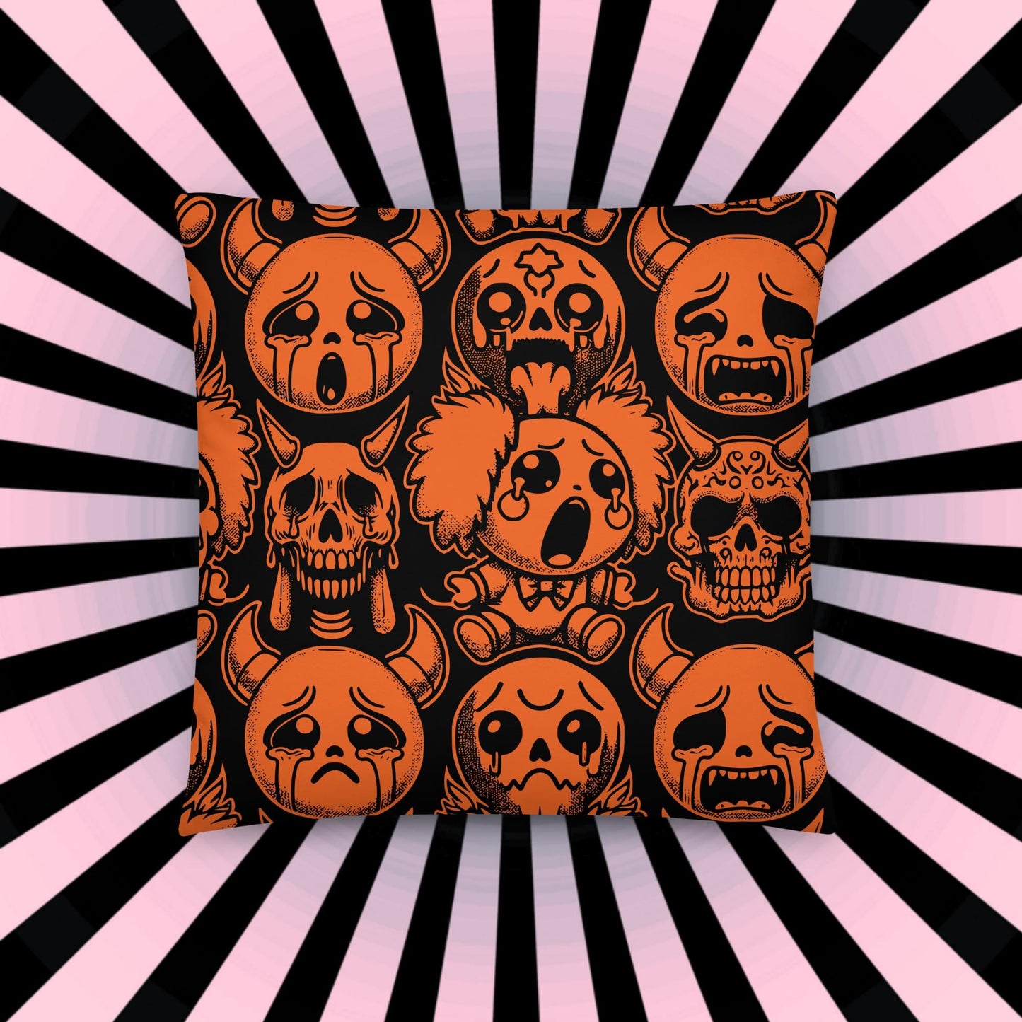 Creepy Cute Orange and Black Clown Ghosts Throw Pillow Grunge Goth Halloween Room Decor Decorative Pillow