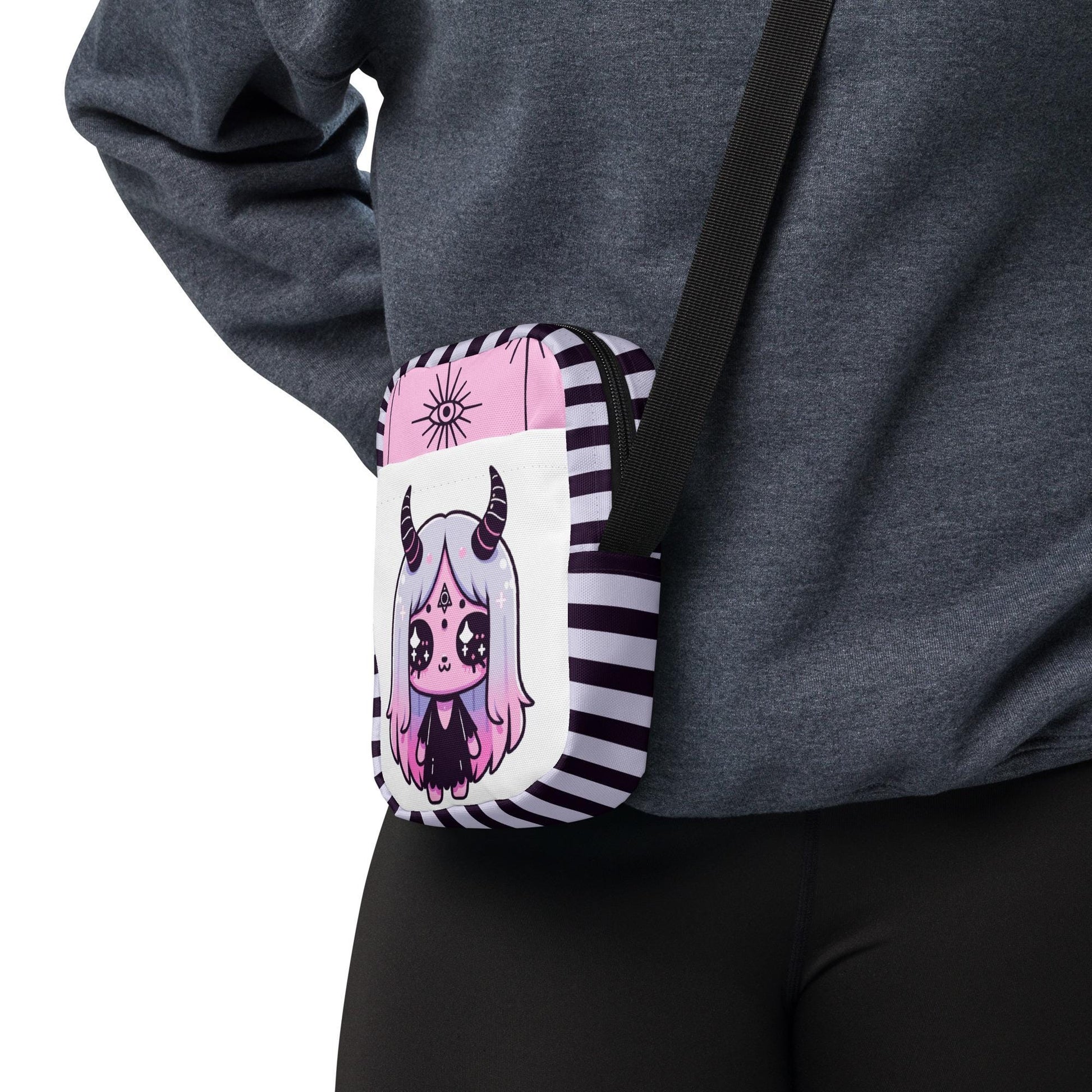 Creepy Cute Demon Girl Crossbody Bag Pastel Goth Grunge Evil Eye Pattern Back Should Sling Bag Purse
