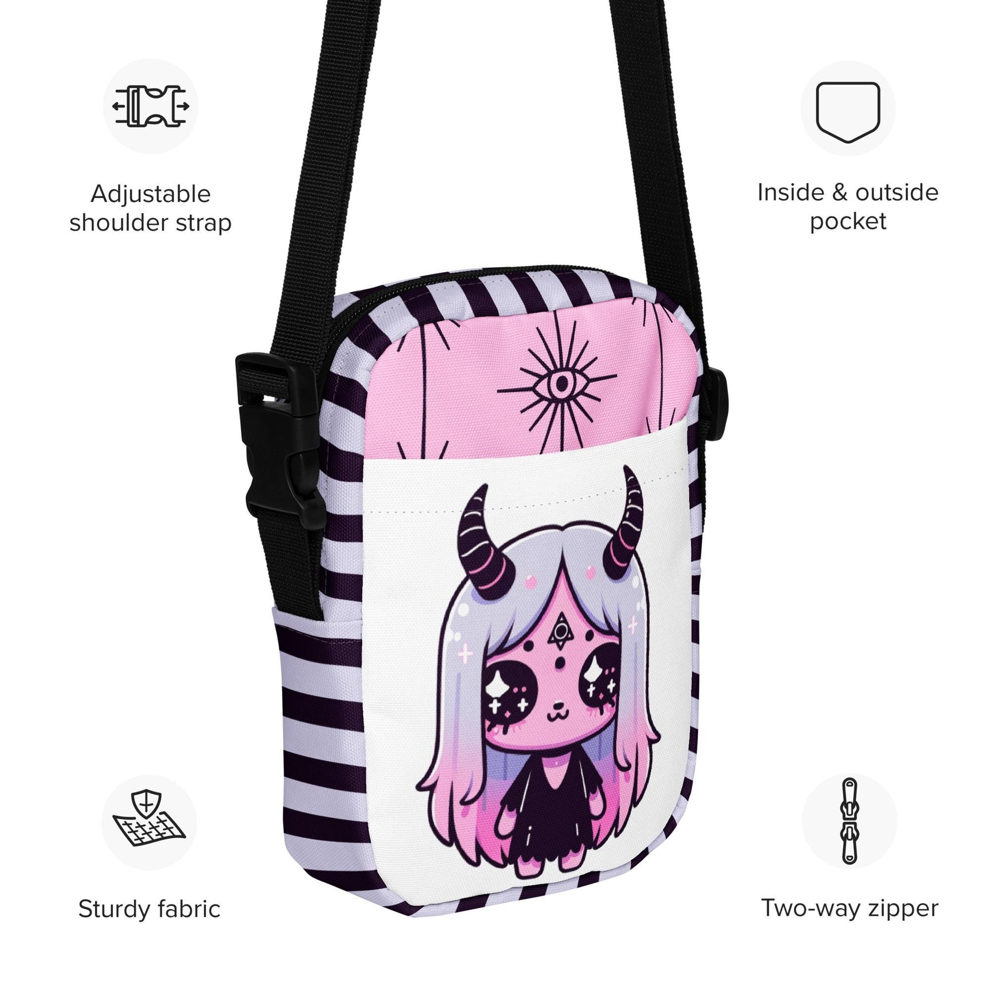 Creepy Cute Demon Girl Crossbody Bag Pastel Goth Grunge Evil Eye Pattern Back Should Sling Bag Purse