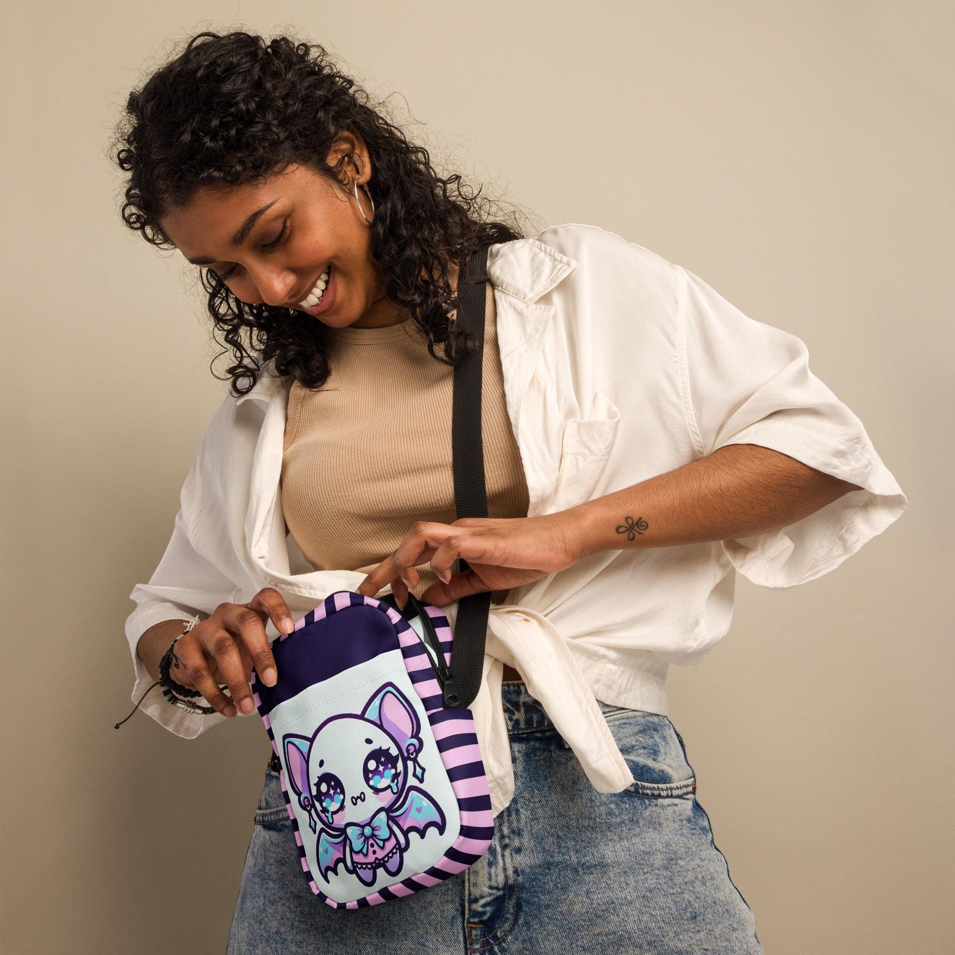Creepy Cute Spooky Bat Girl Kawaii Crossbody Bag Pastel Goth Grunge Bat Demon Shoulder Bag Purse