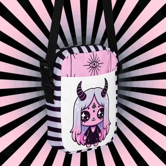Creepy Cute Demon Girl Crossbody Bag Pastel Goth Grunge Evil Eye Pattern Back Should Sling Bag Purse