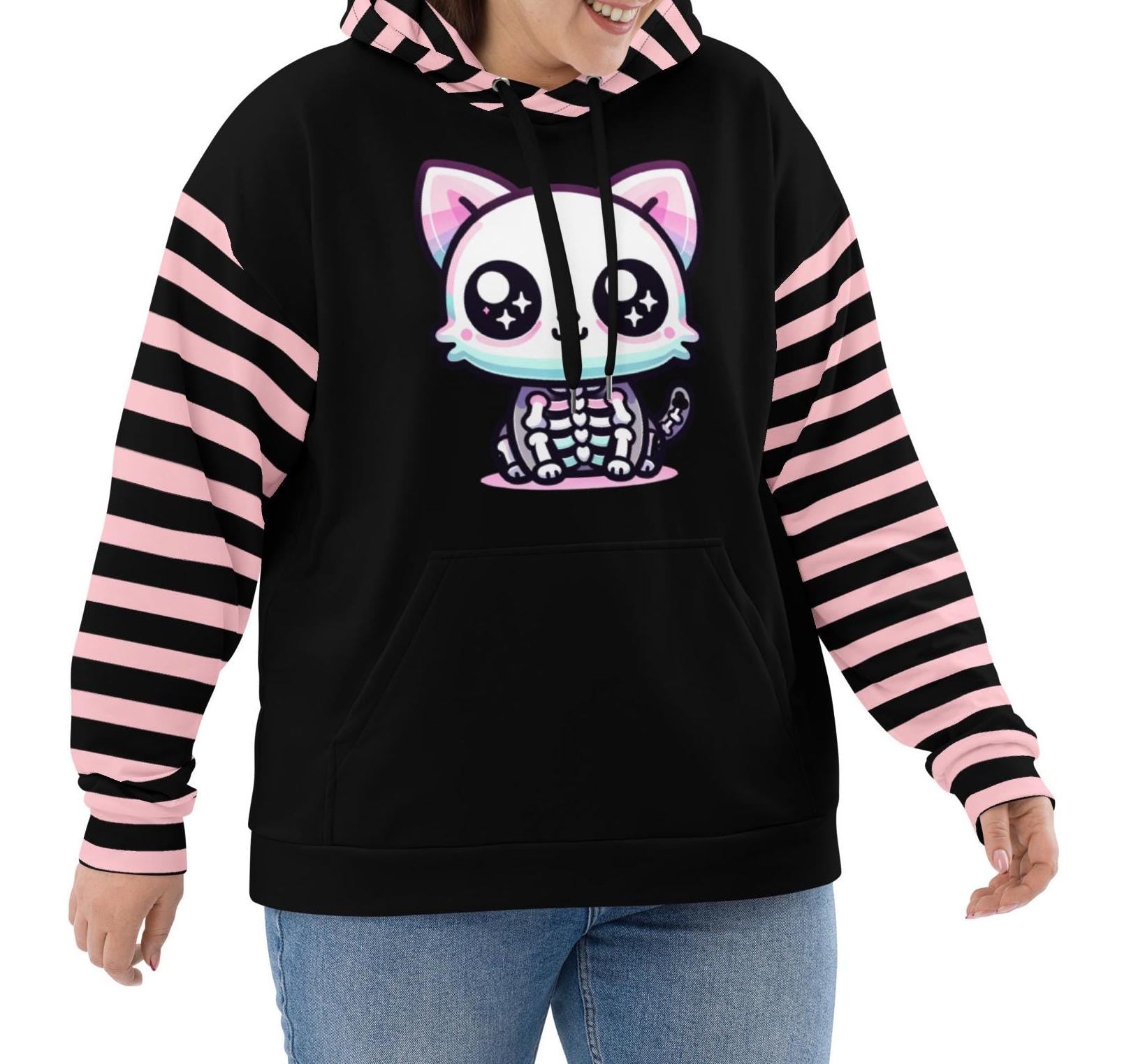 Cute Weirdcore Skeleton Kitty Cat Unisex Hoodie Pastel Grunge Goth Kidcore Long Sleeve Graphic Hoodie