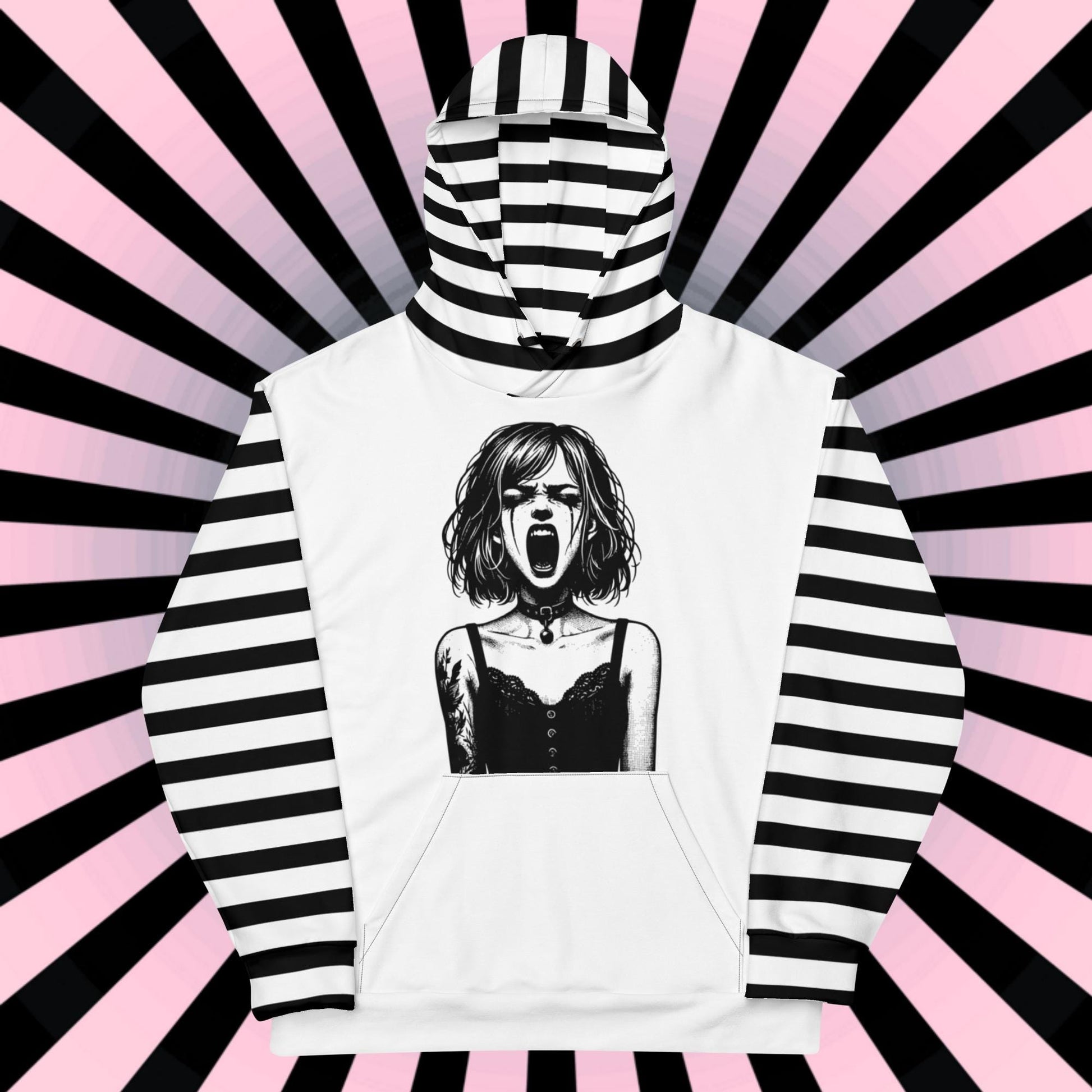Black and White Screaming Gothic Girl Striped Pastel Goth Grunge Y2K Long Sleeve Unisex Hoodie