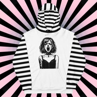 Black and White Screaming Gothic Girl Striped Pastel Goth Grunge Y2K Long Sleeve Unisex Hoodie