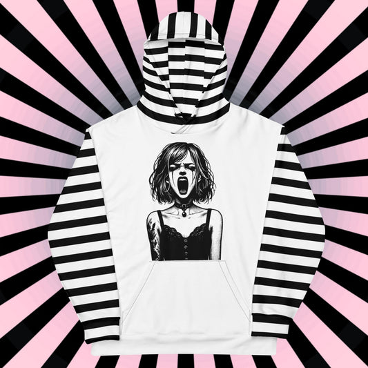 Black and White Screaming Gothic Girl Striped Pastel Goth Grunge Y2K Long Sleeve Unisex Hoodie