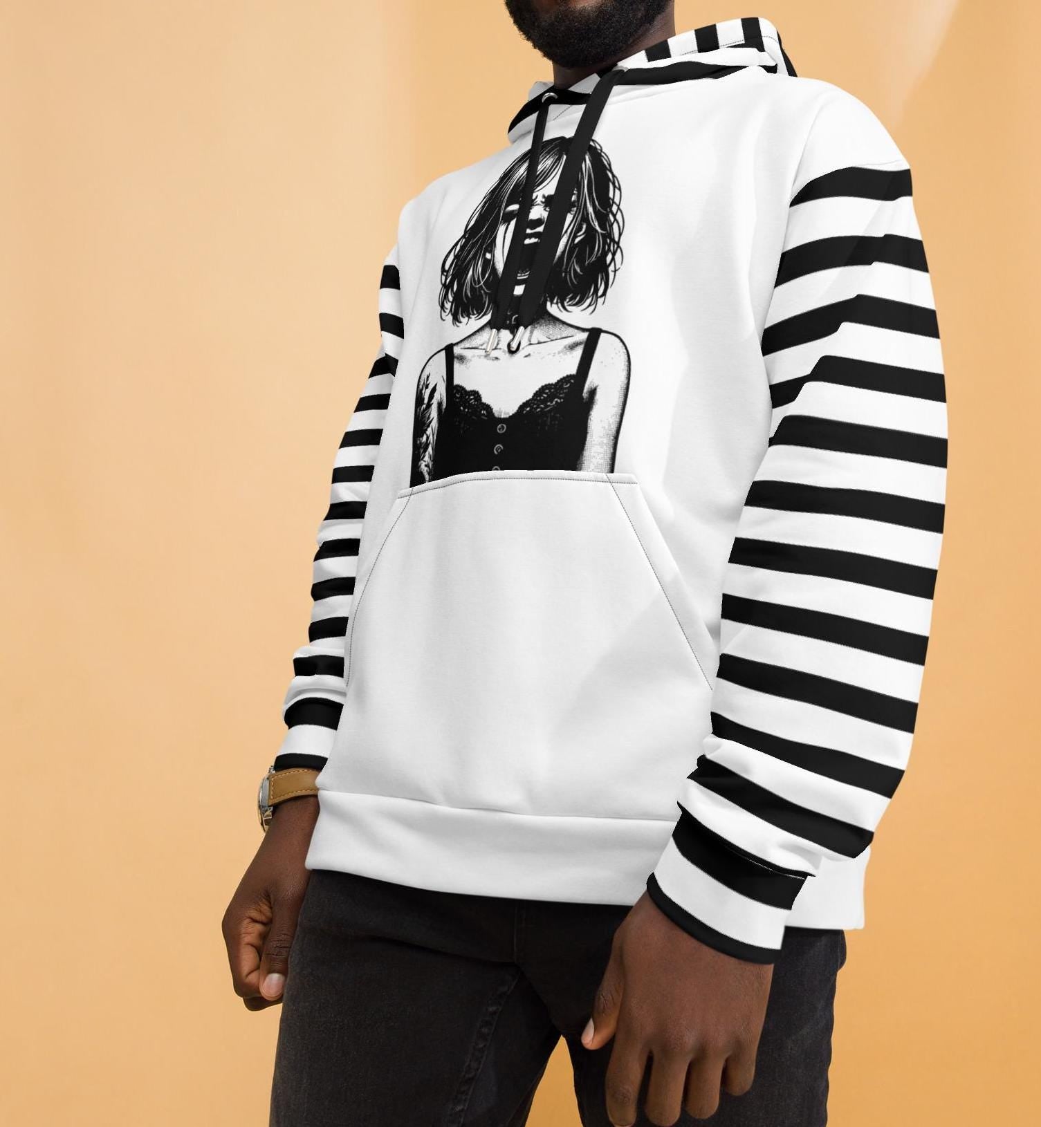 Black and White Screaming Gothic Girl Striped Pastel Goth Grunge Y2K Long Sleeve Unisex Hoodie