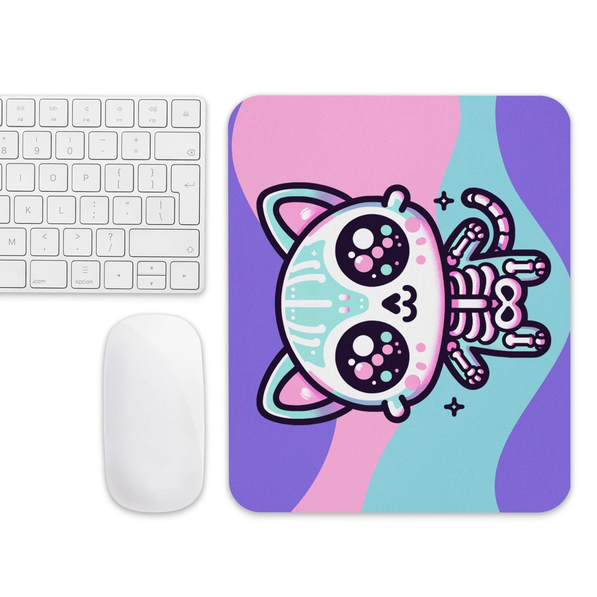 Spooky Cute Pastel Skeleton Kitty Cat Gaming Dorm Office Desk Mouse Pad Weirdcore Grunge Decor