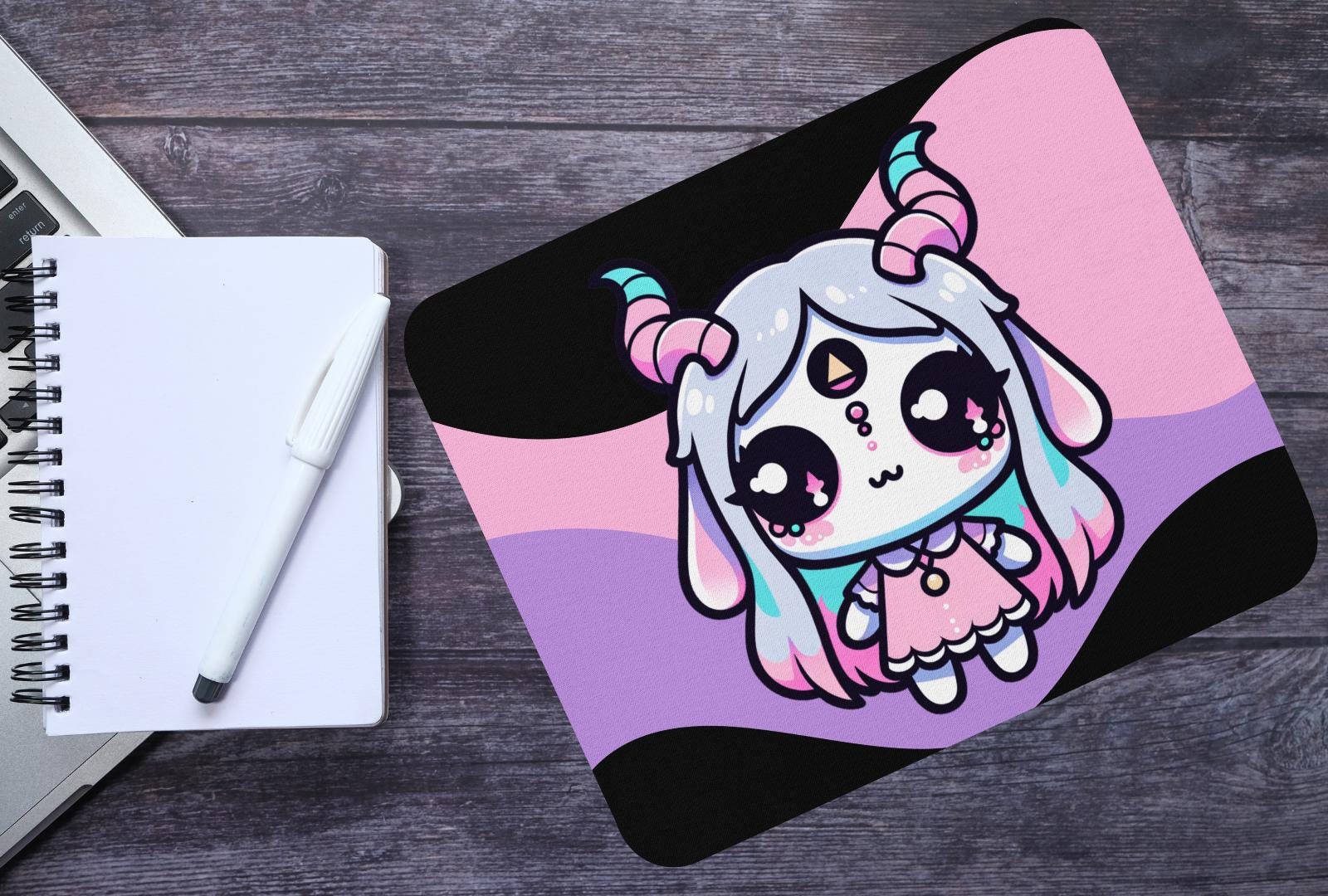 Creepy Cute Pastel Goth Girl Demon Gaming Dorm Office Desk Mouse Pad Weirdcore Grunge Decor