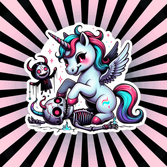 Creepy Cute Pegasus Unicorn Trampling Death Skeleton Decal Weirdcore Horror Pastel Grunge Goth Waterproof Vinyl Sticker