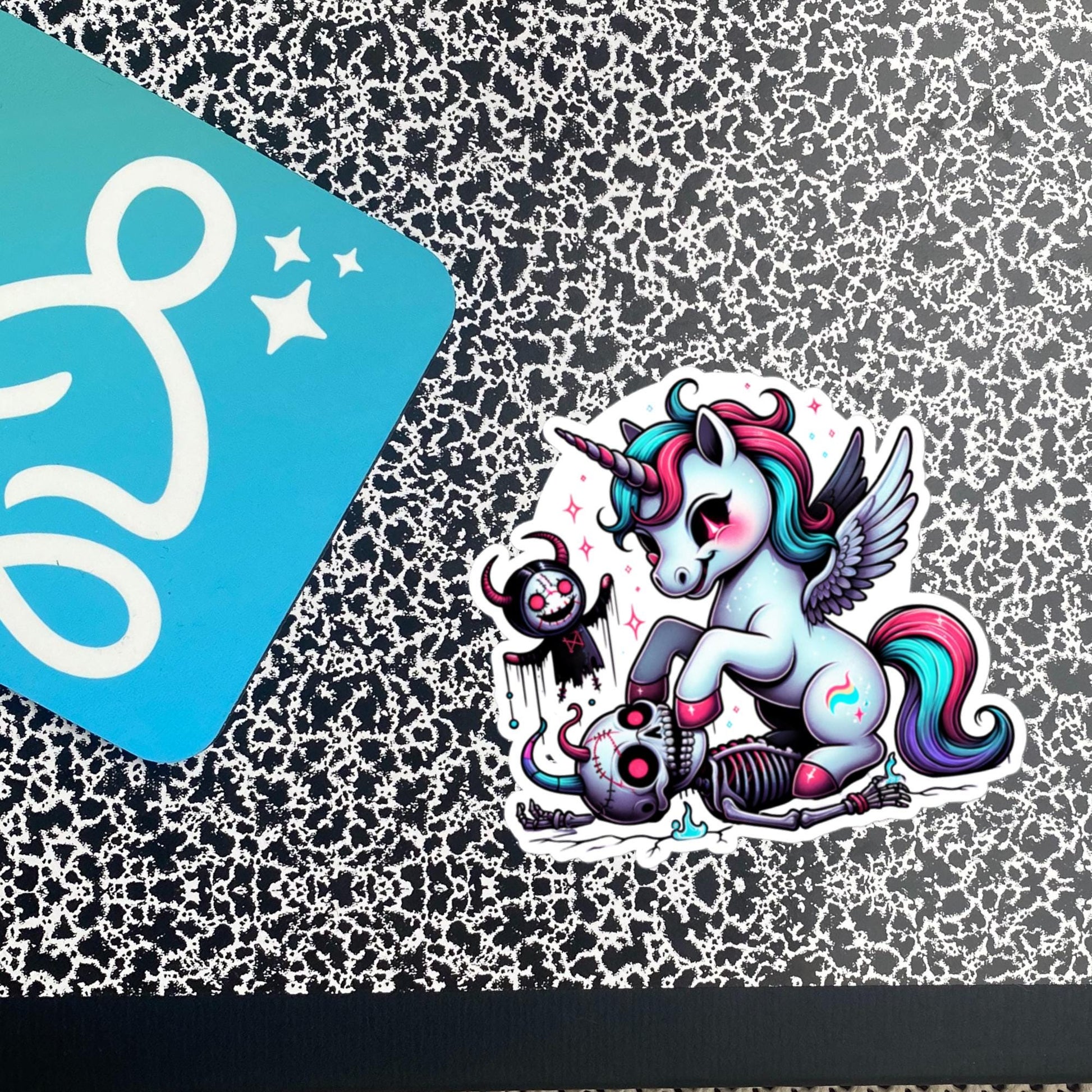Creepy Cute Pegasus Unicorn Trampling Death Skeleton Decal Weirdcore Horror Pastel Grunge Goth Waterproof Vinyl Sticker