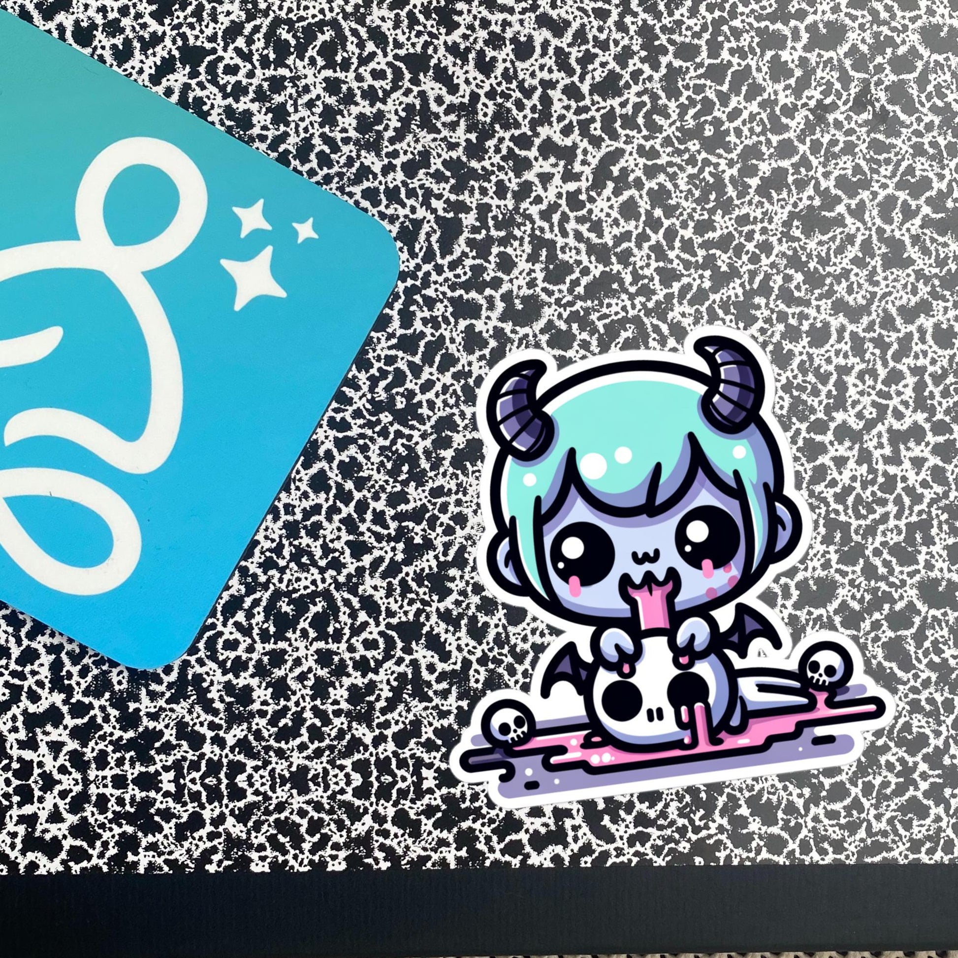 Spooky Cute Demon Boy Licking Skull Decal Weirdcore Pastel Grunge Gothic Vinyl Waterproof Sticker