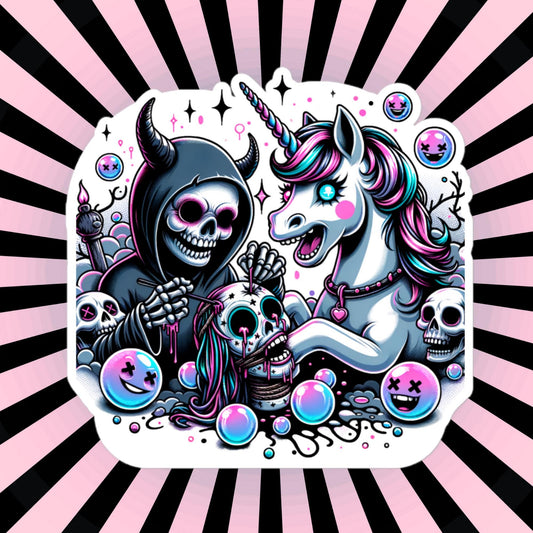 Creepy Spooky Unicorn and Death Decal Weirdcore Pastel Grunge Goth Waterproof Vinyl Sticker