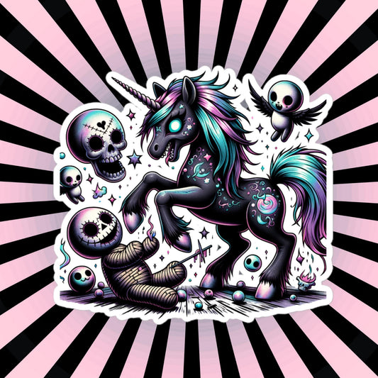 Weirdcore Creepy Nightmare Unicorn, Voodoo Doll and Skulls Decal Pastel Grunge Goth Vinyl Sticker