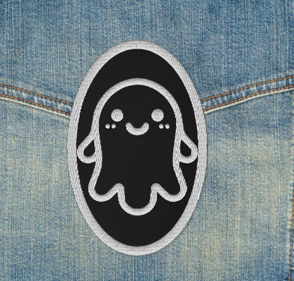 Creepy Cute Weirdcore Grunge Ghost Embroidered Iron On Sew On Patch Black Background