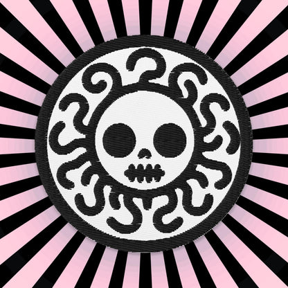 Spooky Cute Grunge Medusa Embroidered Patch With White Background and Black Stitching