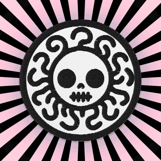 Spooky Cute Grunge Medusa Embroidered Patch With White Background and Black Stitching