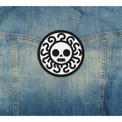 Spooky Cute Grunge Medusa Embroidered Patch With White Background and Black Stitching