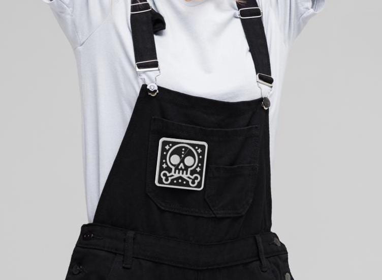 Spooky Cute Weirdcore Grunge Bubble Skull Goth Embroidered Patch White Stitching and Black Background