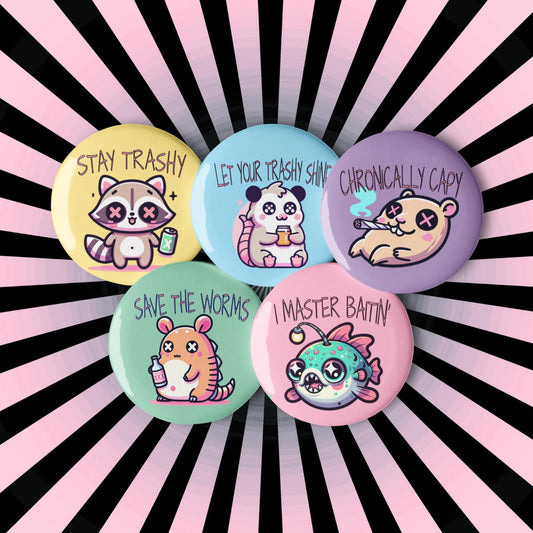 More Trippy Cute Weirdcore Kawaii Pastel Goth Bad Habit Animals Set of 5 Pin Buttons
