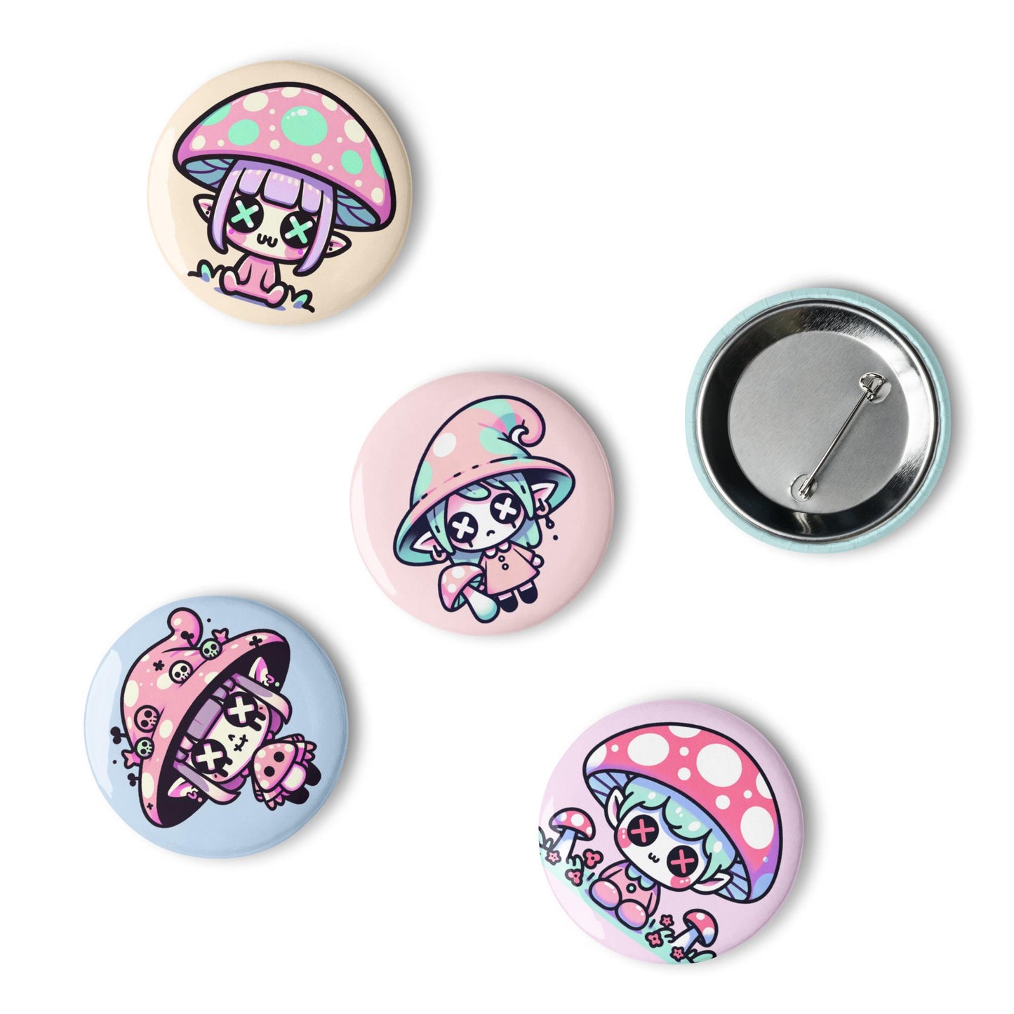 Trippy Pastel Grunge Goth Mushroom People Kawaii Set of 5 Button Pins
