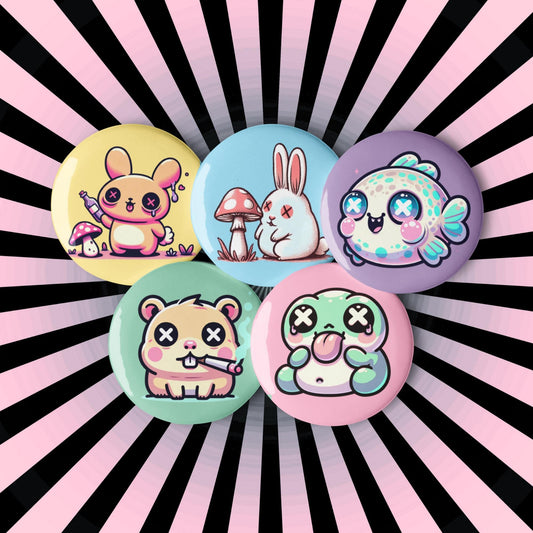 Fun Trippy Kawaii Pastel Goth Grunge Animals Set of 5 Pin Buttons