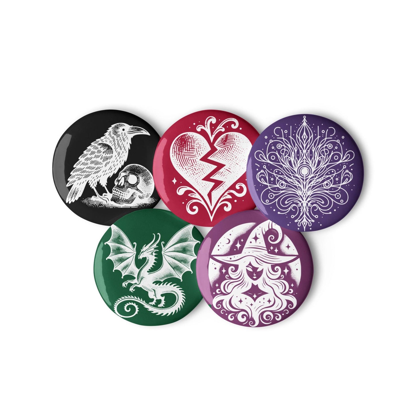 Vibrant Colored Gothic Art Set of 5 Pin Buttons of Raven Witch Dragon