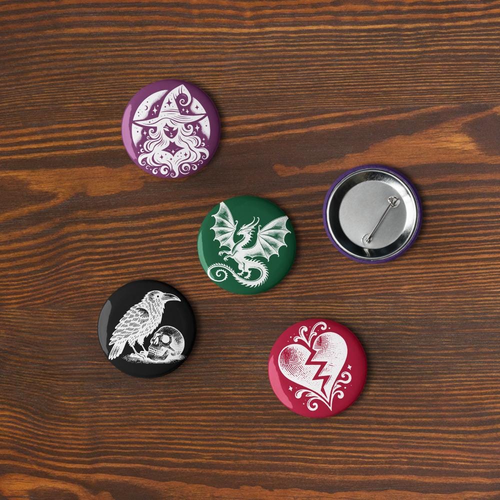 Vibrant Colored Gothic Art Set of 5 Pin Buttons of Raven Witch Dragon