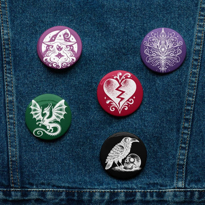 Vibrant Colored Gothic Art Set of 5 Pin Buttons of Raven Witch Dragon