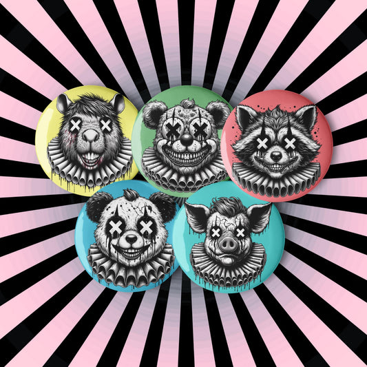 Creepy Spooky Dark Clowncore Gore Clown Amimals Gothic Weirdcore Set of 5 Button Pins