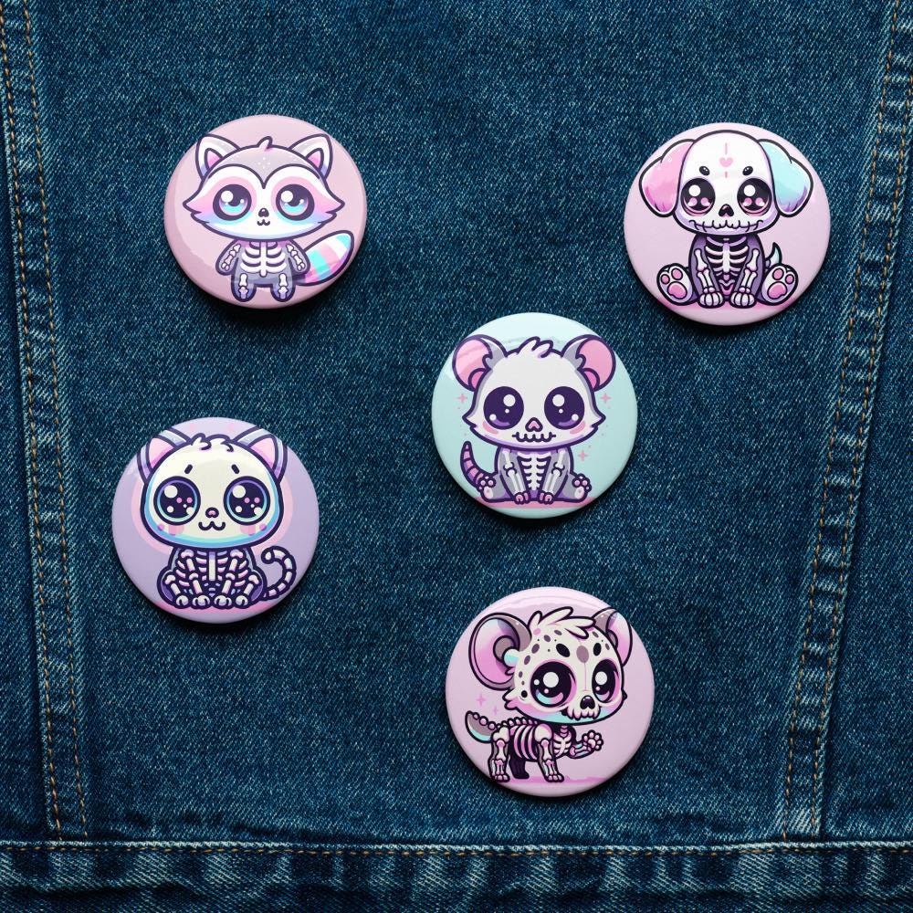 Cute Pastel Goth Skeleton Pets Raccoon Hyena Cat Dog Opossum Pins