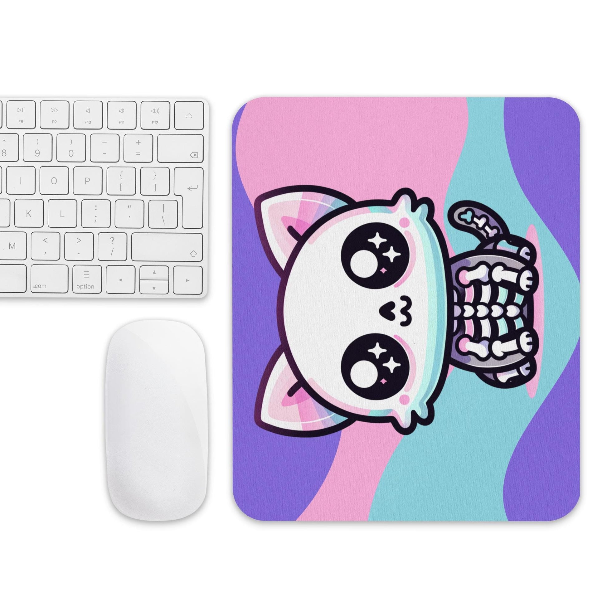 Creepy Cute Pastel Skeleton Kitty Cat Gaming Dorm Office Desk Mouse Pad Weirdcore Grunge Decor