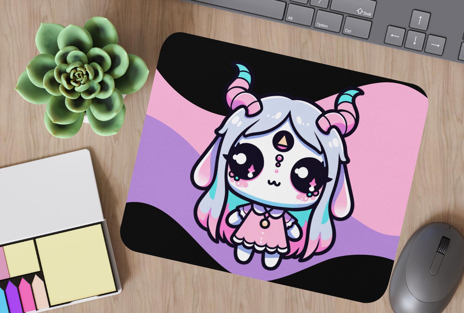 Creepy Cute Pastel Goth Girl Demon Gaming Dorm Office Desk Mouse Pad Weirdcore Grunge Decor