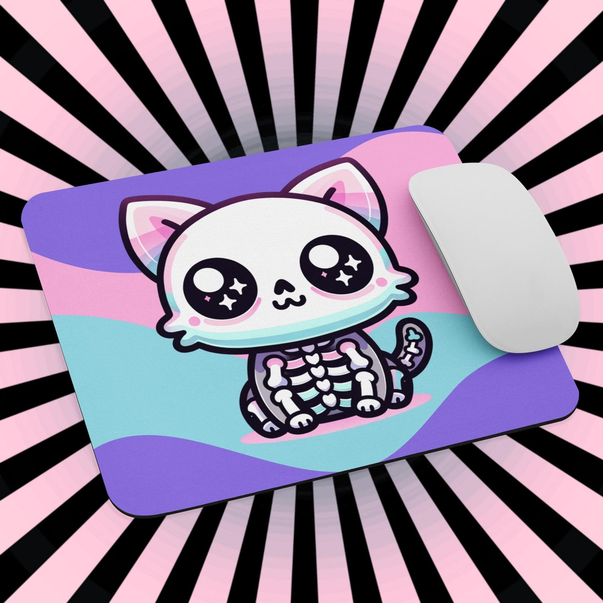 Creepy Cute Pastel Skeleton Kitty Cat Gaming Dorm Office Desk Mouse Pad Weirdcore Grunge Decor