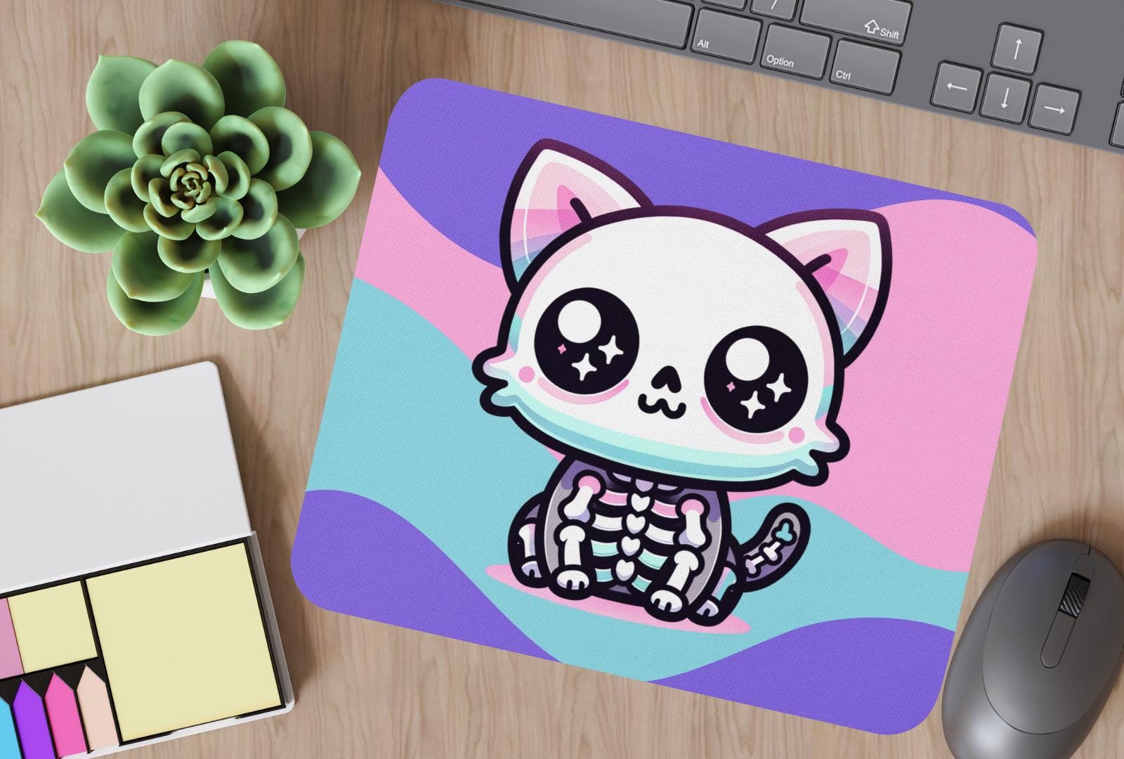 Creepy Cute Pastel Skeleton Kitty Cat Gaming Dorm Office Desk Mouse Pad Weirdcore Grunge Decor