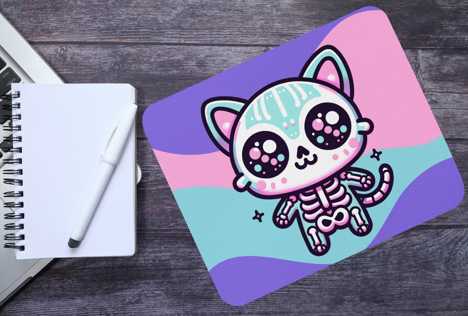 Spooky Cute Pastel Skeleton Kitty Cat Gaming Dorm Office Desk Mouse Pad Weirdcore Grunge Decor