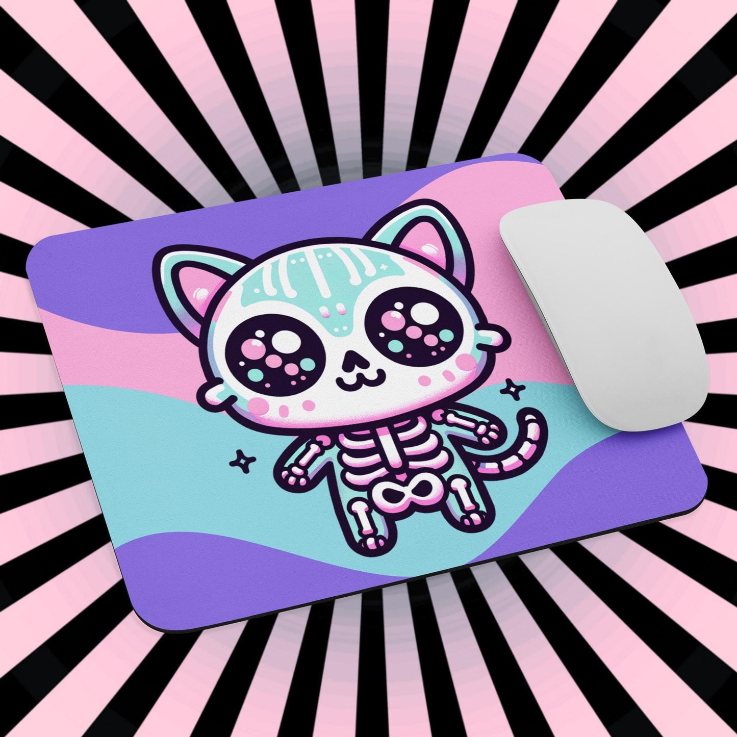 Spooky Cute Pastel Skeleton Kitty Cat Gaming Dorm Office Desk Mouse Pad Weirdcore Grunge Decor