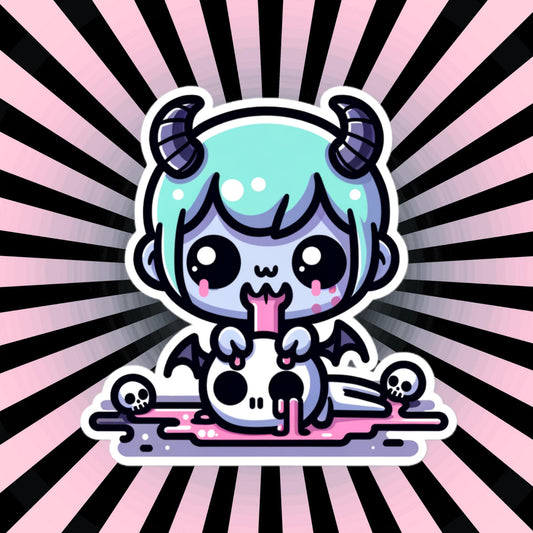 Spooky Cute Demon Boy Licking Skull Decal Weirdcore Pastel Grunge Gothic Vinyl Waterproof Sticker