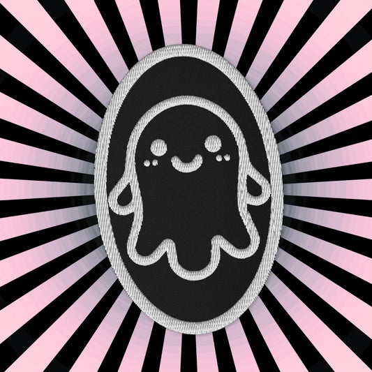 Creepy Cute Weirdcore Grunge Ghost Embroidered Iron On Sew On Patch Black Background