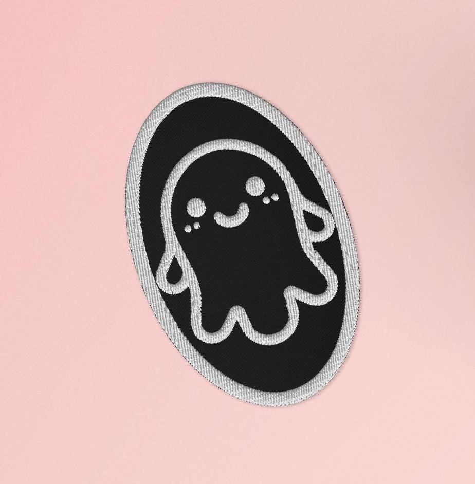Creepy Cute Weirdcore Grunge Ghost Embroidered Iron On Sew On Patch Black Background